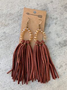 Elegant Leather Fringe Jewelry, Brown Fringe Dangle Jewelry, Brown Dangle Tassel Earrings With Fringe, Brown Fringe Dangle Tassel Earrings, Brown Fringe Tassel Dangle Earrings, Staple Earrings, Fringe Jewelry, Chunky Jewelry, Holiday Earring