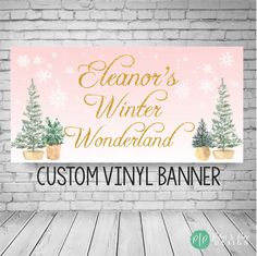 a winter wonderland banner on a brick wall with snowflakes and potted trees