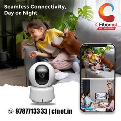 an advertisement for fibernet's wireless home security system, featuring a child playing with a dog