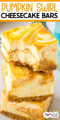 three pieces of pumpkin swirl cheesecake bars stacked on top of each other with text overlay