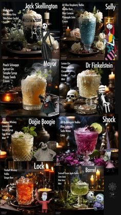 halloween cocktails with names and pictures on the menu for each type of drink,