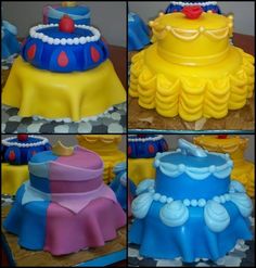 there are four different cakes that look like princesses in the same color and design