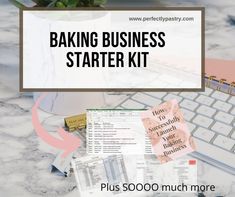 the words baking business starter kit on top of a computer keyboard and other office supplies