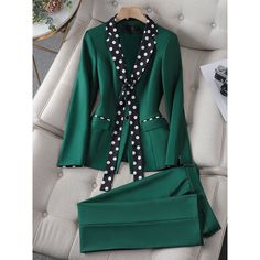 CAROLINE SUITS Women's Elegant Stylish Fashion Polka Dots Design Office Blazer Jacket & Pants Suit Set Womens Blazer Coat, Blazer Suit Women, Black And White Suit, Female Office, Casual Professional, Fashion Office, Work Suits, Pants Suit, Professional Fashion