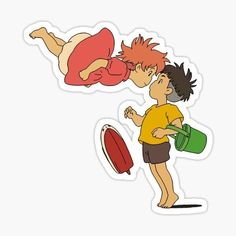 two kids playing with a frisbee on a white background stickers are in the air