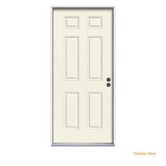 a white door with two black knobs on the front and side panels, against a white background