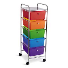 a multicolored storage cart with five drawers on wheels and four bins in the bottom