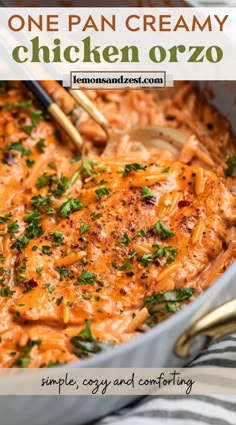 one pan creamy chicken orzo in a white casserole dish with parsley on top