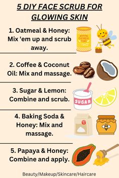 Discover 5 simple, homemade face scrubs to achieve glowing skin using everyday ingredients.
DIY face scrubs, glowing skin, homemade skincare, natural beauty, skin exfoliation
#DIYfacescrub #glowingskin #homemadebeauty #naturalbeauty #skincare #exfoliation #beautytips #skincaretips #beautyroutine #selfcare Diy Face Scrub For Glowing Skin, How To Make A Facial Scrub Homemade, Facial Glow Up Tips, Facial Scrubs Homemade, Homemade Skin Care Recipes Diy, Forehead Pimples, Face Scrub Recipe, Diy Scrubs, Diy Body Scrub Recipes