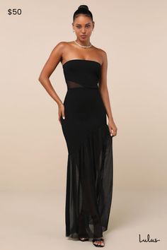 The chic essence of the Lulus Exemplary Sensation Black Strapless Asymmetrical Maxi Dress will command everyone's attention when you strut into the room! Stretchy crepe knit shapes this stunning dress that features a straight neckline and a darted, strapless bodice (with hidden no-slip strips) and a flirty mesh side cutout that lends a stunning effect. High, fitted waist sits atop tops a bodycon skirt that continues down to an asymmetrical seam and ends at a sheer mesh maxi hem. Fit: This garment fits true to size. Length: Floor length. Bust: Great for any cup size. Waist: Fitted - stretchy fabric allows custom fit. Hip: Fitted - stretchy fabric allows room for hips. Undergarments: May be worn with a strapless bra, adhesive bra, petals, or no bra. Fabric: Fabric has some stretch. Bodice is Chic Strapless Dress With Asymmetrical Neckline For Night Out, Chic One-shoulder Maxi Dress For Club, Asymmetrical Strapless Evening Dress, Chic Sheer Strapless Dress For Parties, Chic Strapless Bodycon Maxi Dress, Asymmetrical Stretch Maxi Dress For Night Out, Asymmetrical Stretch Maxi Dress For Date Night, Fitted Strapless Asymmetrical Cocktail Dress, Fitted Strapless Asymmetrical Dress For Cocktails