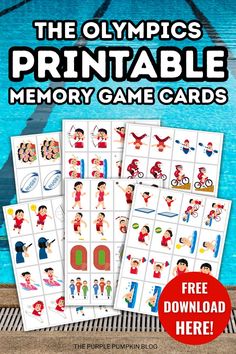 the olympic printable memory game cards are on display in front of a swimming pool