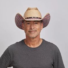 Middle-aged man wearing a Patriot Cowboy Hat Country Style Hat For Country Concerts, Casual Summer Hats For Country Concerts, Americana Rodeo Hat With Curved Brim, Western Style Sun Hat With Curved Brim, Americana Curved Brim Hat For Rodeo, Fedora Straw Hat For Western-themed Events, Americana Style Curved Brim Hat For Rodeo, Curved Brim Hats For Country Festivals, One Size Fedora Straw Hat For Western-themed Events