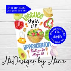 an ad with the words, all designs by alina on it and images of food