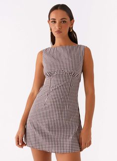 Lotus Tie Back Mini Dress - Chocolate Gingham – Peppermayo US 70’s Dresses, Hen Party Dress, Hen Party Outfits, Inner Goddess, Casual Summer Tops, The Lotus, Strapless Tops, Print Placement, Gingham Dress