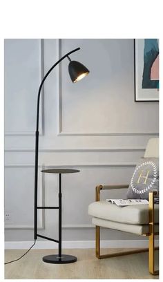 the floor lamp is next to a chair