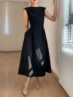 Elegant Satin Crew Neck Dress | stylewe Formal Dresses Over 60, 1950 Dresses Formal, Graduation Party Attire For Women, Unique Vintage Dress, Midi Office Dress, Casual Vintage Dress, Black Boatneck Dress, Black Tie Wedding Guest Dress Older Woman, Bat Mitzvah Outfits For Guests