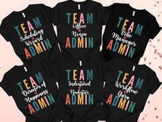 "Celebrate Admin Professional Day wearing these awesome matching t-shirts with your colleagues! These unisex t-shirts feel soft and light with just the right amount of stretch. It's comfortable and flattering for all. Perfect for group of administrative assistants or office admin professionals!  (Please note the listing is for ONE t-shirt only) --- HOW TO ORDER --- 1. Select the Design that you prefer for the shirt. 2. Select the Size that you require. 3. Click the \"Add To Cart' Button - If ordering multiples you will need to repeat steps 1-3, clicking on the thumbnail or the title to go back to the listing. 4. When you have added to cart all the tops you need you can proceed to checkout. --- ADULT UNISEX SHIRT SIZING & QUALITY --- 🤗Adult Unisex tees have a relaxed and flattering fit tha School Administrator Shirts, Admin Team Shirts, Admin Day Gift Ideas Staff Appreciation, Work Tshirt Design Ideas, Office Staff Shirts, Admin Professionals Day, Administrative Assistant Gifts, Office Admin, Office Shirts