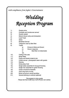 the wedding reception program is shown in black and white