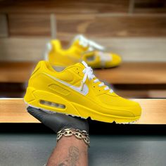 Custom Yellow and White Airmax 90 - Kiaun's Customs LLC Scorpio Fashion, Yellow Purse, Black Men Fashion Casual, Yellow Purses, Nike Fashion Shoes, Black Nike Shoes, Nike Shoes For Sale, Shoes World, Nike Air Shoes