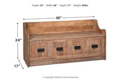 a wooden bench with four drawers on the bottom and one door open to show measurements