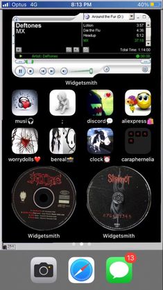 an iphone screen with various stickers and icons on the back side, including cd's