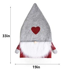 a gray and red gnome hat with white fur on the side, measurements for it