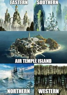 four different pictures with the same island in each one's own language, and an image