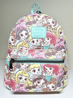 Loungefly Disney Chibi Princess Mini Backpack Love Disney princesses? We do too! Rep all your favorite ladies everywhere you go with this mini backpack! Featuring an allover print of Ariel, Aurora, Belle, Cinderella, Snow White and Jasmine in a chibi form. Adjustable straps, front zipper pocket, interior drop pocket and top zipper closure. Please note: Wallet sold separately. 7 1/2'' x 4'' x 10'' Polyurethane Adjustable straps Front zipper pocket Imported By Loungefly Please Note: * Actual produ Disney Chibi, Chibi Princess, Loungefly Purse, Disney Now, Love Disney, Mobile Display, Mini Backpacks, Loungefly Bag, Loungefly Disney