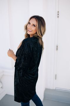 Crushed velvet cardigan paired with our "Fancy Feels" sequin top Flowy fit, Erin is wearing a small. Velvet Cardigan, Sequin Top, Crushed Velvet, Cold Shoulder Dress, High Neck Dress, Slip Dress, Sequin, Velvet, How To Wear