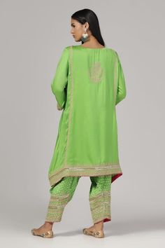 Green silk chanderi kurta with zari and aari embroidery. Comes with salwar. - Aza Fashions Designer Slub Silk Kurta With Cutdana, Silk Salwar Kameez With Cutdana For Eid, Anarkali Silk Kurta With Zari Work, Silk Anarkali Kurta With Traditional Drape, Silk Anarkali Kurta With Zari Work, Raw Silk Kurta With Dupatta In Traditional Drape, Diwali Silk Palazzo Set With Traditional Drape, Traditional Drape Palazzo Set With Zari Work For Navratri, Unstitched Dola Silk Kurta In Traditional Drape