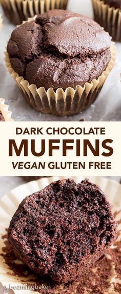 chocolate muffins with text overlay that says dark chocolate muffins vegan gluten free