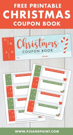 christmas coupon book with free printables on the front and back, in red green and blue