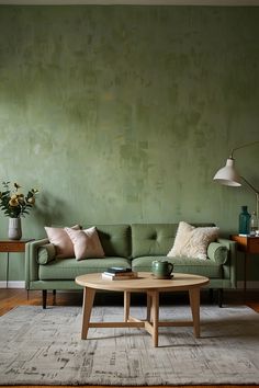 a living room with green walls and furniture