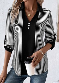 Shirt Collar Blouse, Geometric Clothing, Sewing Tops, Black Long Sleeve Shirt, Striped Long Sleeve Shirt, Women Shirts Blouse, Collar Blouse, Black Button, Upcycle Clothes