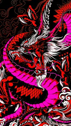 a red and pink dragon on a black background