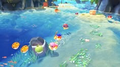 an animated video game is shown in the water with fish and other things around it