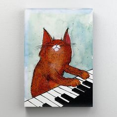 a painting of a cat sitting on top of a piano keyboard with its eyes closed