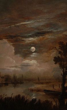 an old painting with boats in the water and a full moon above it on a cloudy day