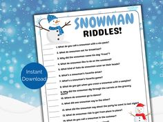 the snowman riddles game is shown in front of a blue background with snowflakes