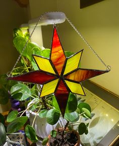 a stained glass star hanging from a chain with potted plants in the foreground