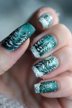 Snow-Covered Pine Trees: Nail Art For Winter Christmas Nails Winter Wonderland, Pine Cone Nails, Winter Wonderland Nail Designs, Tree Nail Art Designs, Forest Nail Art, Trees Nail Art, Nail Art For Winter, Snow Globe Nails, Winter Wonderland Nails