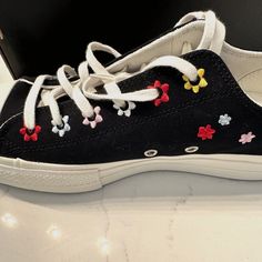 Black Converse --Size 10 With Embroidered Flowers. Never Worn. Casual Sneakers With Multicolor Embroidery And Appliques, Casual Sneakers With Custom Embroidery, Casual Custom Embroidery Lace-up Sneakers, Trendy Embroidered Sneakers With Round Toe, Trendy Embroidered Round Toe Sneakers, Casual Sneakers With Custom Embroidery For Spring, Casual Sneakers With Multicolor Embroidery And Round Toe, Converse Sneakers With Floral Embroidery For Spring, Casual Lace-up Sneakers With Appliques