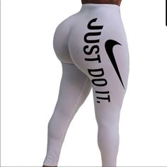 Nike Logo And Swoosh Made On Es Yoga Pants/ Leggings. Not A Nike Product But Way Cute And Very Strong Comfortable Leggings. So Cute. Size L. White And Black. Fitted White Bottoms With Letter Print, White Sports Bottoms With Letter Print, Sports Bottoms With White Letter Print, Fitted White Pants With Letter Print, White Stretch Bottoms With Letter Print, White Letter Print Workout Bottoms, Athleisure White Bottoms With Letter Print, White Athleisure Bottoms With Letter Print, Trendy White Workout Pants