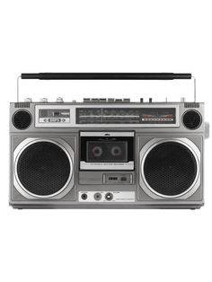 an old fashioned boombox with radio and headphones on the front, isolated against a white background