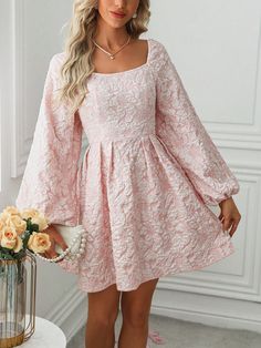 This Floral Dream dress features a unique 3D floral print with a textured finish, providing a one-of-a-kind aesthetic. Expertly crafted for a flattering fit, this dress is the perfect addition to any wardrobe. Elevate your style and make a statement with this beautiful and intricately designed piece. Color : Pink Style : Boho Pattern Type : Floral Sleeve Length : Long Sleeve Neckline : Scoop Neck Details : Zipper Type : A Line Sleeve Type : Bishop Sleeve Waist Line : High Waist Hem Shaped : Flar Chic Spring Dresses With Textured Fabric, Fitted Textured Fabric Party Dress, Fitted Textured Party Dress, Spring Textured Fitted Dress, Spring Fitted Textured Dresses, Elegant Textured Spring Dresses, Kind Aesthetic, Neck Details, Floral Sleeve