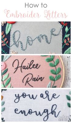 three different embroidered letters with the words how to embroider letters on them and below