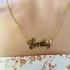 Ownbeautiful Name Plated Gold Color Nicolas Elegant Name Necklace For Party, Elegant Nameplate Jewelry For Parties, Elegant Party Name Necklace With Clavicle Chain, Gold Name Necklace For Party, Emily Necklace, Nameplate Necklace, 2024 Vision Board, 2024 Vision, Name Plate