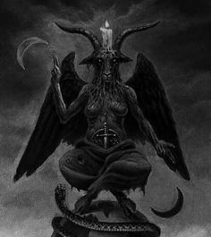 a demonic demon sitting on top of a statue with two snakes around it's neck