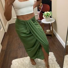 Gorgeous Olive Green Faux Wrap Maxi Skirt. 100% Polyester Length 44” (Size Small) Solid Color Midi Skirt For Vacation, Chic Stretch Skirt For Vacation, Solid Skirt For Brunch, Chic Pencil Skirt For Vacation, Chic Wrap Lined Skirt, Green Stretch Skirt For Vacation, Chic Spring Wrap Maxi Skirt, Skirt For Brunch, Trendy Solid Color Skirt For Vacation