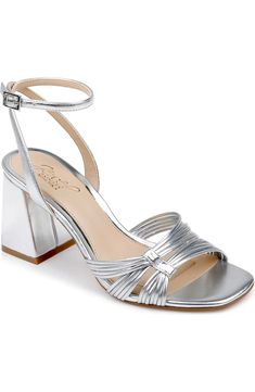 Jewel Badgley Mischka Michelle Ankle Strap Sandal (Women) | Nordstrom Block Heels With Single Toe Strap For Spring Formal, Spring Formal Block Heels With Buckle, Formal Synthetic Block Heels With Buckle Closure, Silver Sandals With Branded Heel Counter, Silver Block Heels With Heel Strap For Spring, Modern Block Heels With Buckle Closure For Party, Silver Sandals With Sculpted Heel For Spring, Spring Silver Sandals With Sculpted Heel, Modern Block Heels With Buckle Closure For Spring